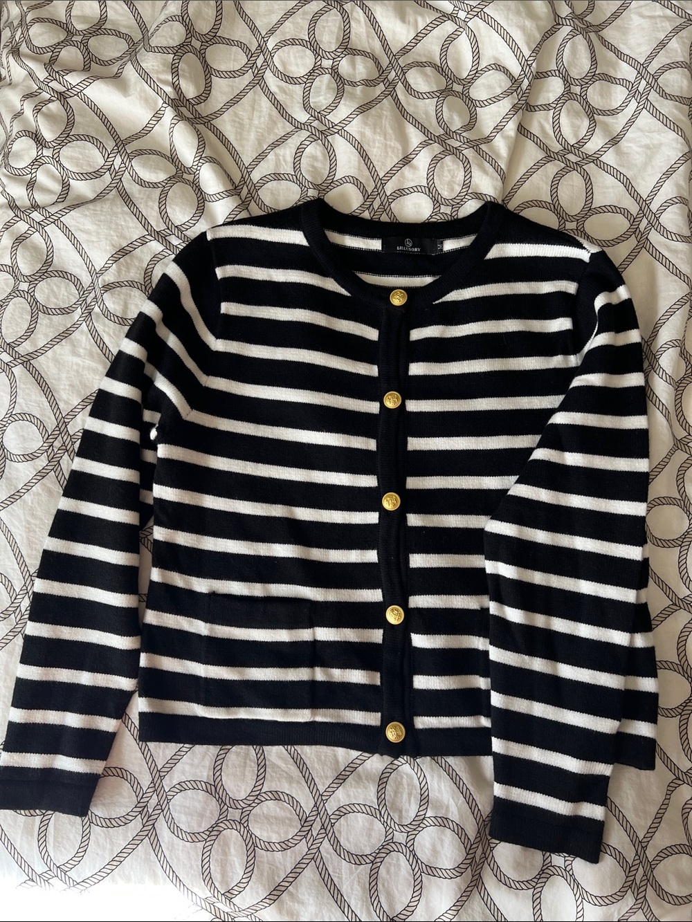 Black and White Striped Button-Front Cardigan with Gold Buttons